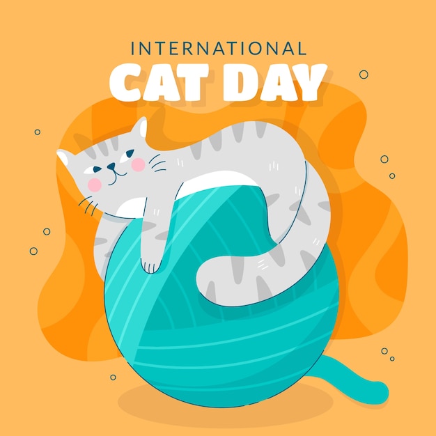 Ilustración plana del día internacional del gato con gato en bola de hilo