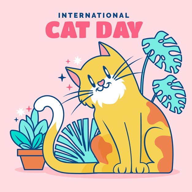 Ilustración plana del día internacional del gato con gato y plantas