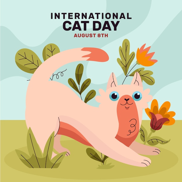 Vector gratuito ilustración plana del día internacional del gato con gato y vegetación