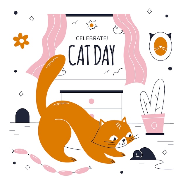 Ilustración plana del día internacional del gato con gato