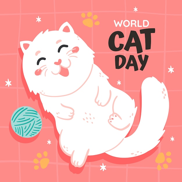 Ilustración plana del día internacional del gato con lindo gato e hilo