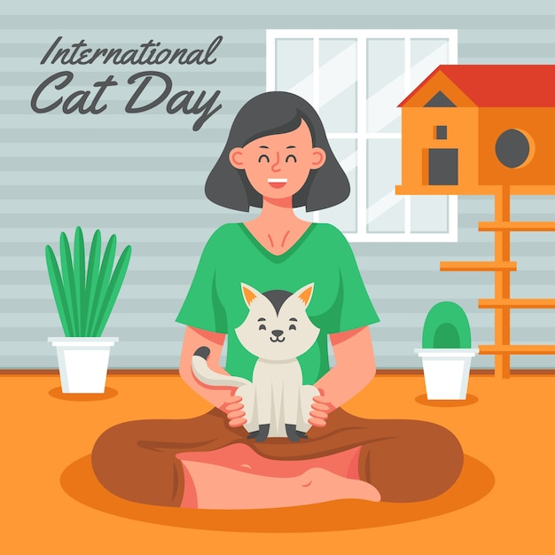 Vector gratuito ilustración plana del día internacional del gato con mujer y gato