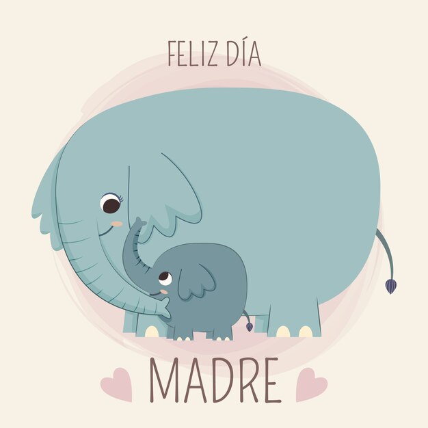 Ilustración plana del día de la madre en español con elefantes