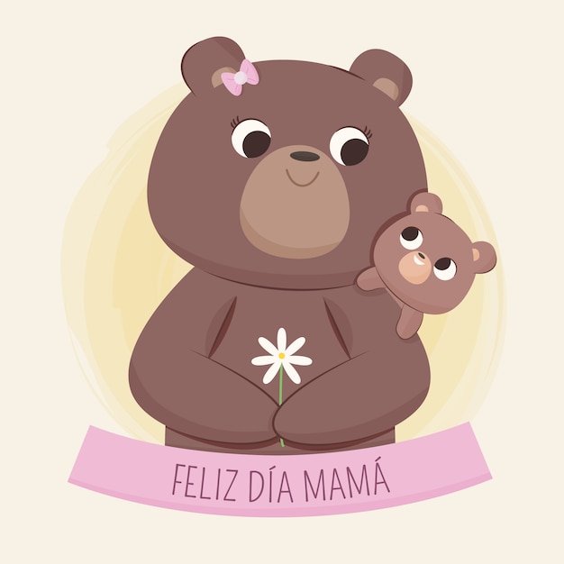 Ilustración plana del día de la madre en español con osos