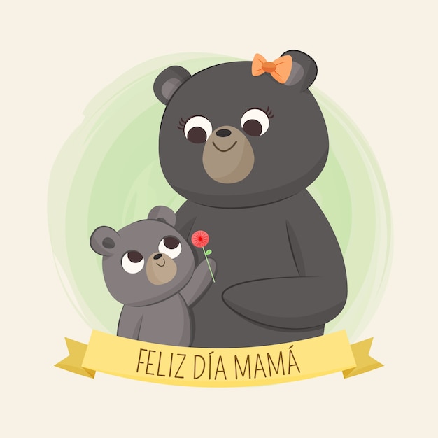 Ilustración plana del día de la madre en español con osos