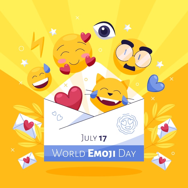 Ilustración plana del día mundial del emoji con emoticonos en sobre