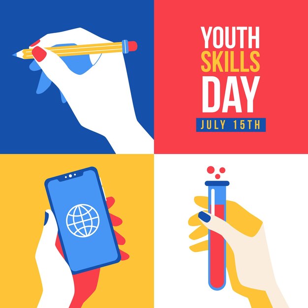 Ilustración plana del día mundial de las habilidades de la juventud