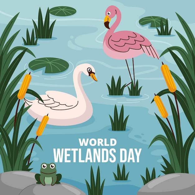 Vector gratuito ilustración plana para el día mundial de los humedales con flora y fauna.