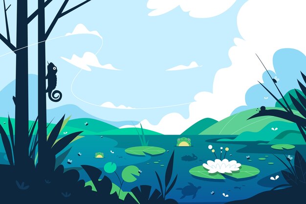 Ilustración plana del día mundial de los humedales con flores y fauna