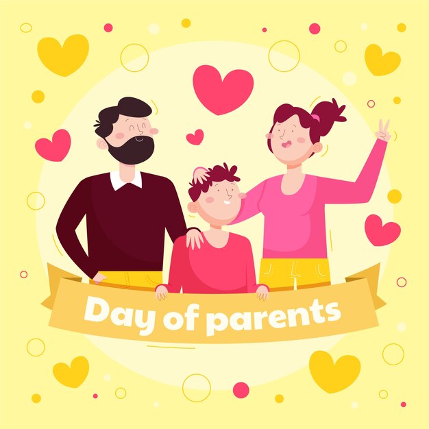 Ilustración plana del día mundial de los padres con familia feliz y niño