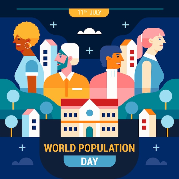 Ilustración plana del día mundial de la población con personas y edificios