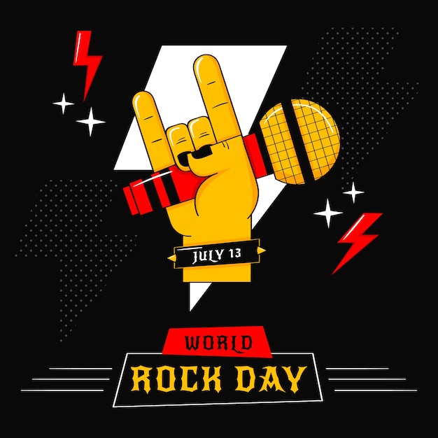 Vector gratuito ilustración plana del día mundial del rock con micrófono de mano