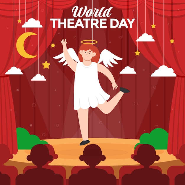 Vector gratuito ilustración plana del día mundial del teatro con actor ángel en el escenario