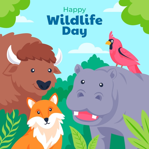 Vector gratuito ilustración plana del día mundial de la vida silvestre con animales