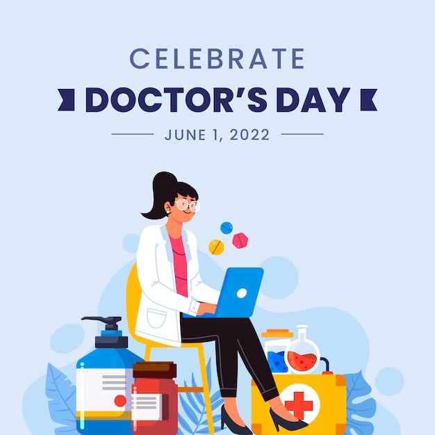 Vector gratuito ilustración plana del día nacional del médico con un médico trabajando en una computadora portátil