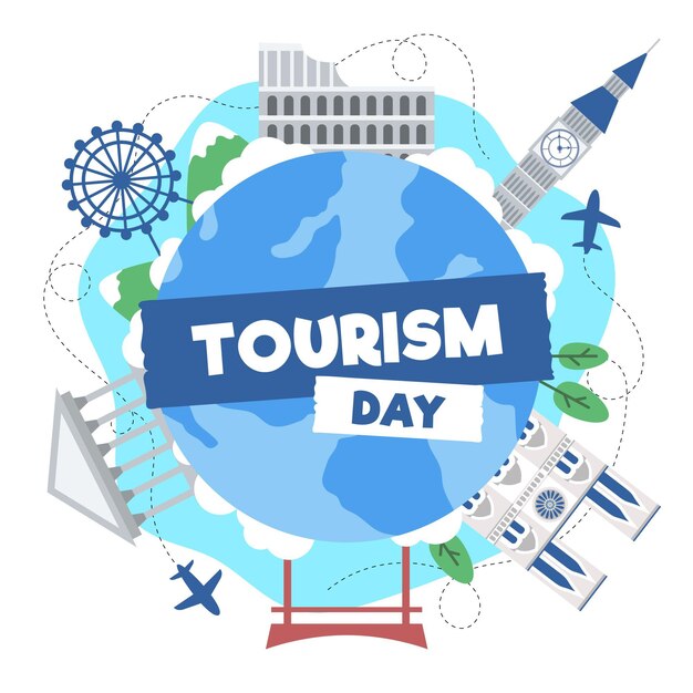 Ilustración plana del día del turismo con diferentes puntos de referencia.