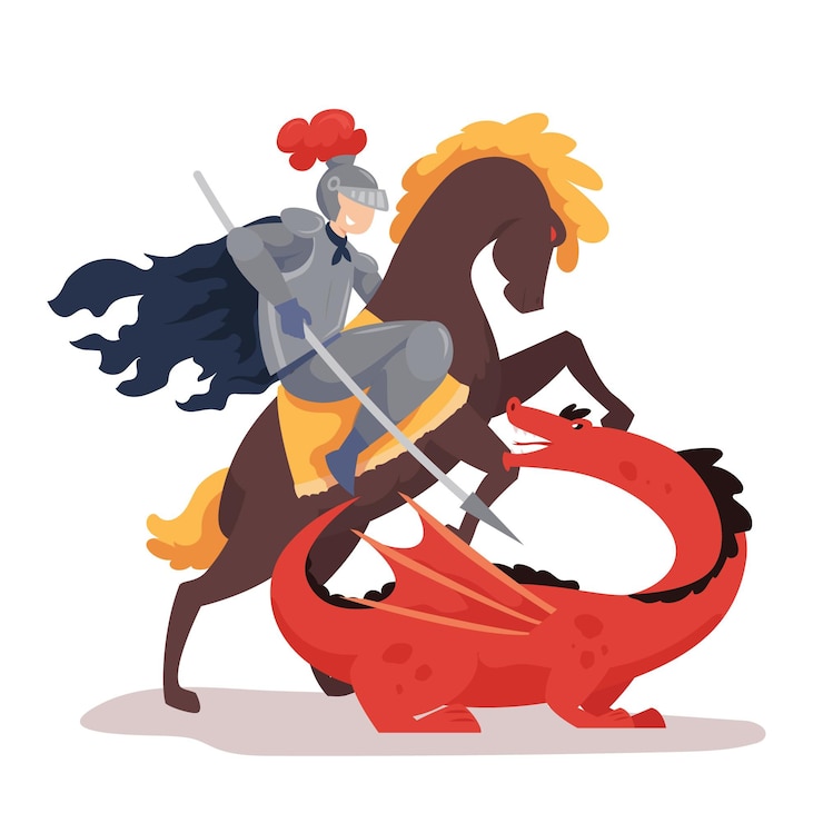 Vector gratuito ilustración plana diada de sant jordi con caballero a caballo luchando contra el dragón