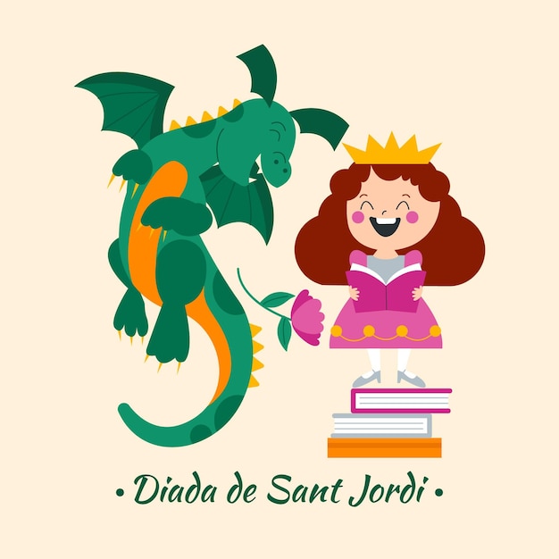 Ilustración plana diada de sant jordi con dragón y princesa