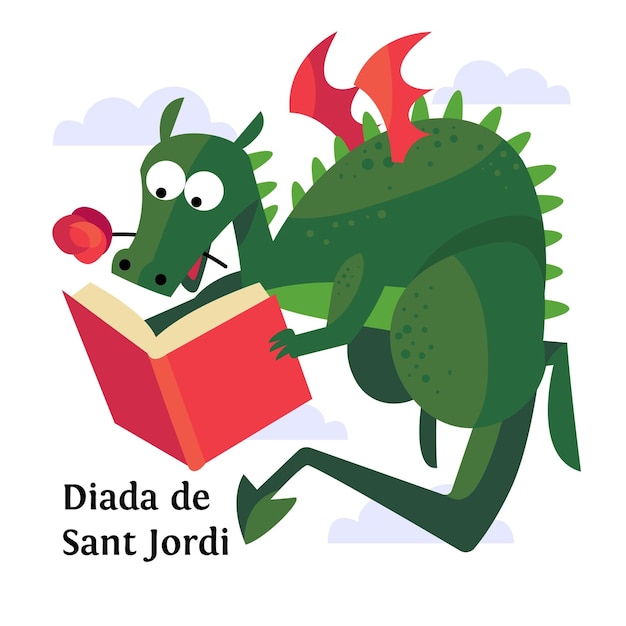 Ilustración plana de diada de sant jordi con libro de lectura de dragón