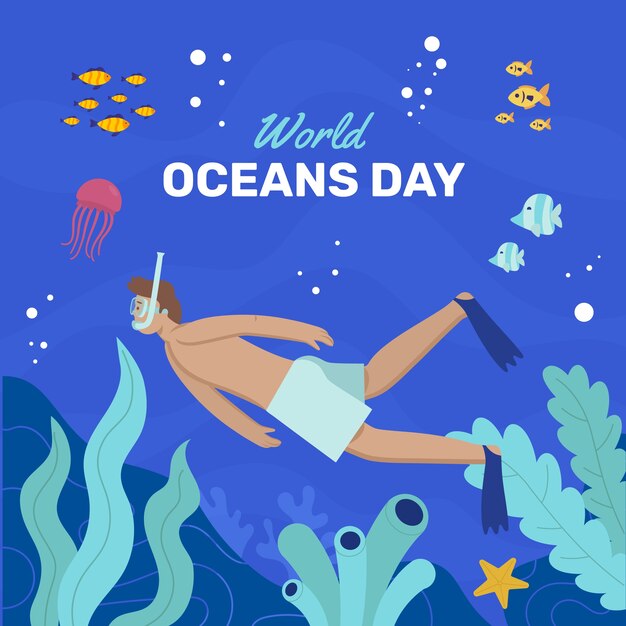 Ilustración plana dibujada a mano del día mundial de los océanos