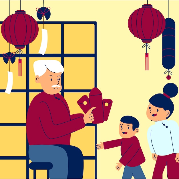 Ilustración plana de dinero de la suerte del año nuevo chino
