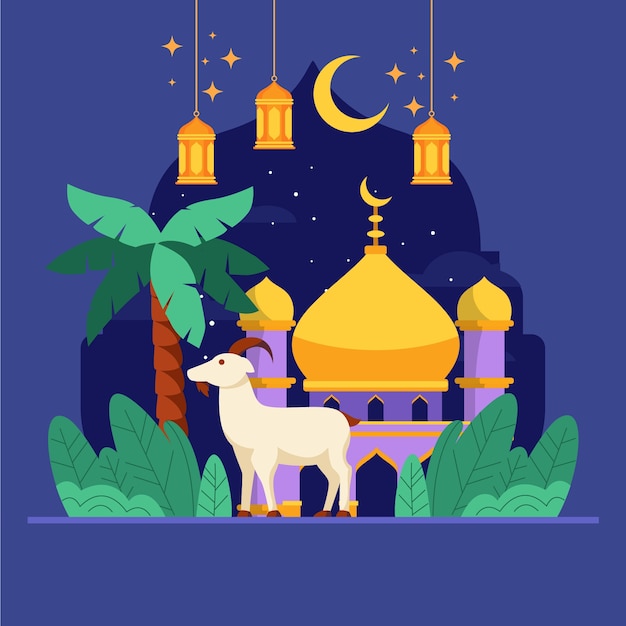 Ilustración plana de eid al-adha con cabra