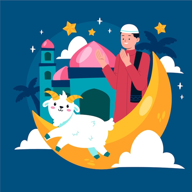 Ilustración plana de eid al-adha con hombre y cabra en luna creciente