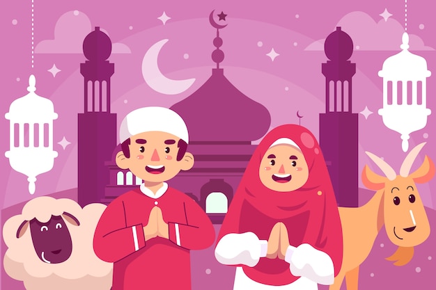 Ilustración plana de eid al-adha con pareja y animales