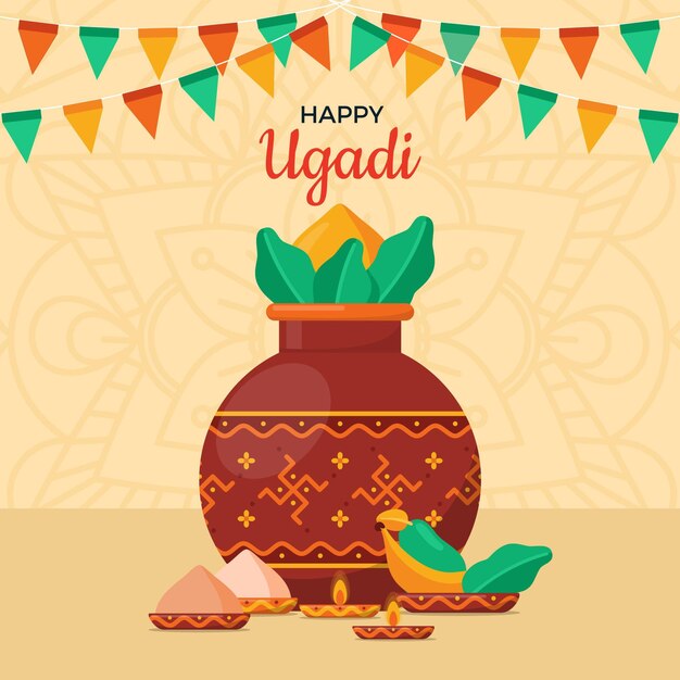 Ilustración plana feliz ugadi