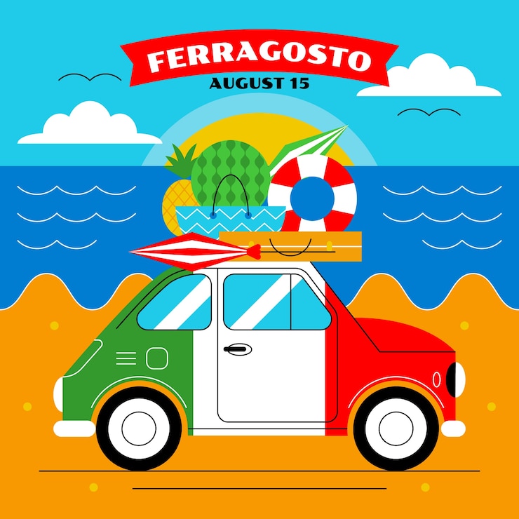 Vector gratuito ilustración plana de ferragosto con coche en la playa.