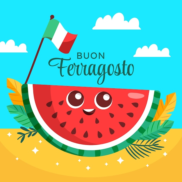 Vector gratuito ilustración plana de ferragosto con rodaja de sandía y bandera