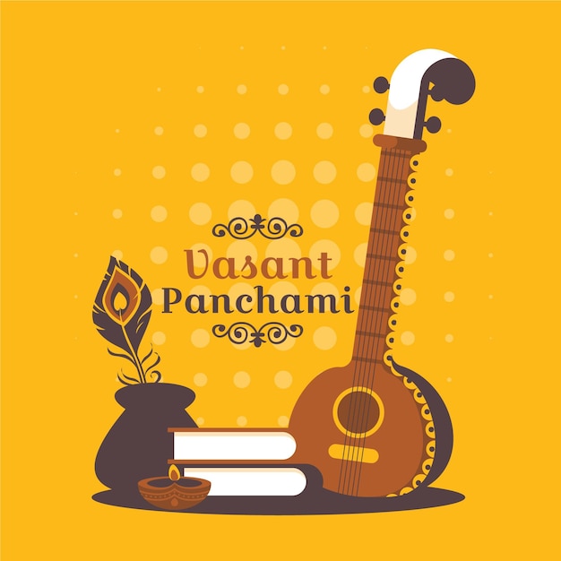 Vector gratuito ilustración plana del festival vasant panchami con instrumento