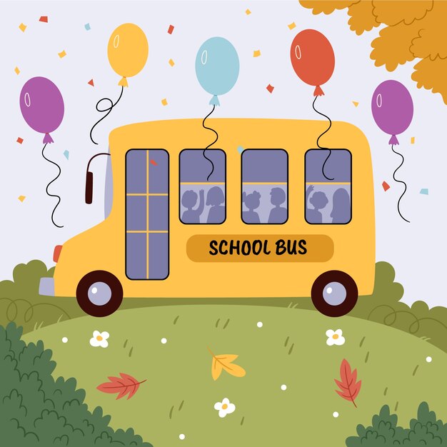 Ilustración plana de fiesta de regreso a la escuela con autobús y globos