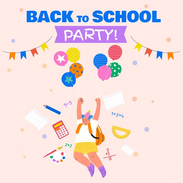 Ilustración plana de fiesta de regreso a la escuela con estudiante y globos