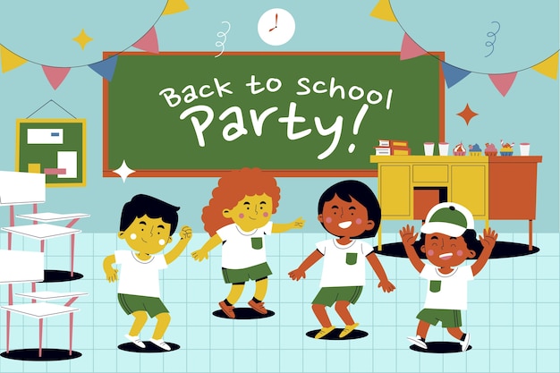Ilustración plana de fiesta de regreso a la escuela con niños celebrando