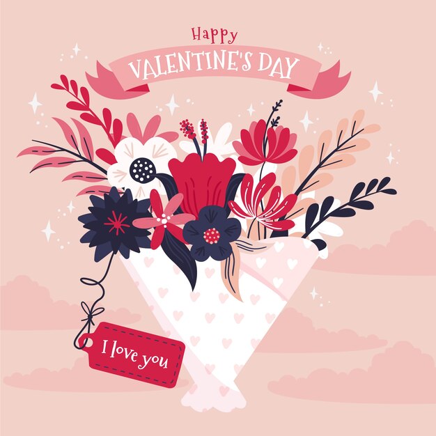 Ilustración plana de flores de san valentín