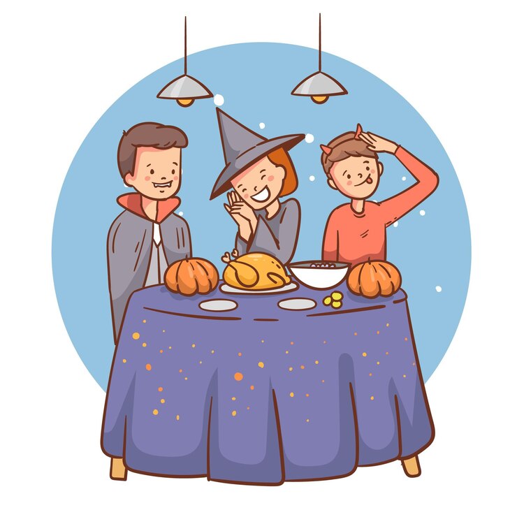 Vector gratuito ilustración plana de gente de halloween cenando