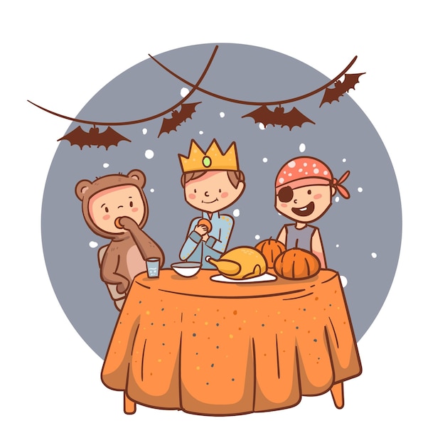 Vector gratuito ilustración plana de gente de halloween cenando