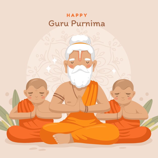 Ilustración plana de guru purnima con monjes rezando