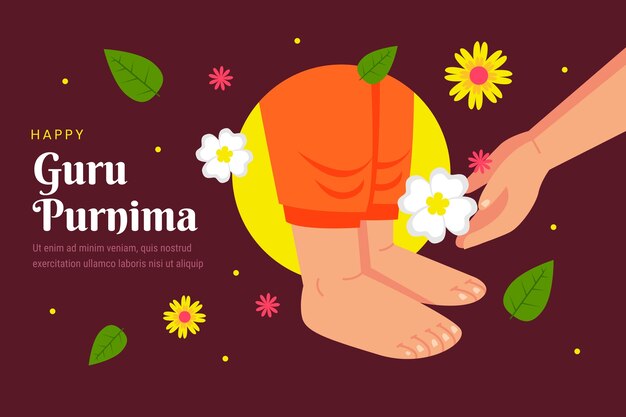 Ilustración plana de guru purnima con pies y flores.