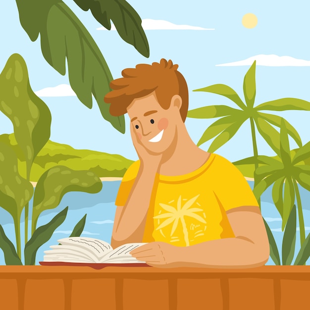 Vector gratuito ilustración plana de libros de lectura de verano con hombre en el bar de la playa