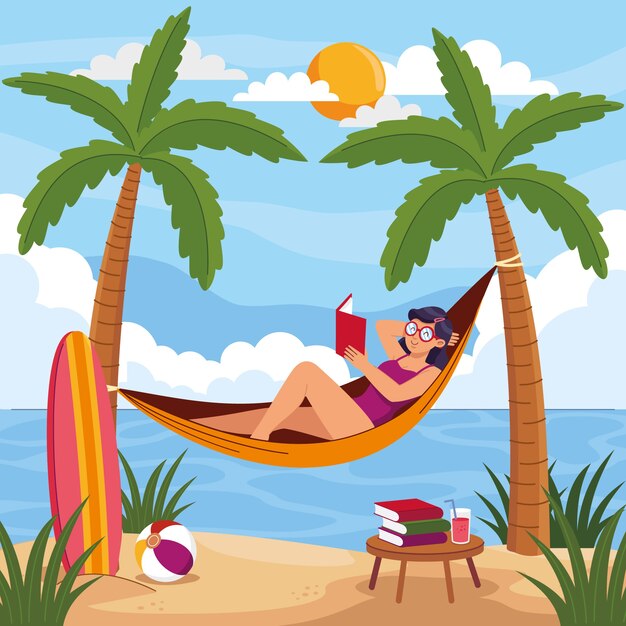 Ilustración plana de libros de lectura de verano con mujer en hamaca en la playa