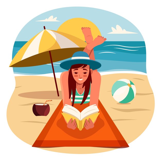 Ilustración plana de libros de lectura de verano con mujer en la playa
