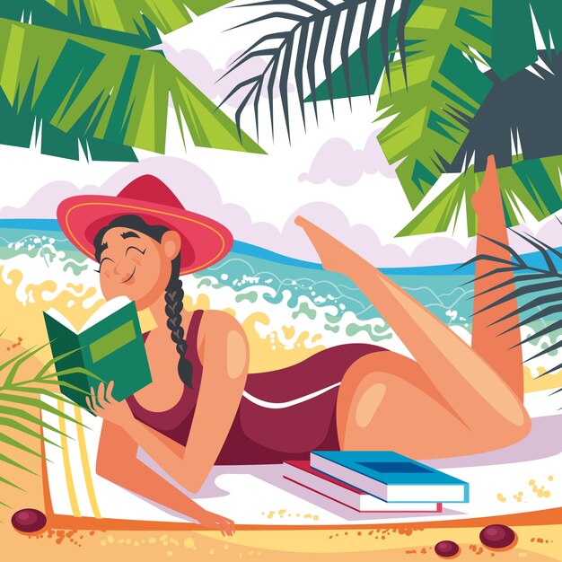 Ilustración plana de libros de lectura de verano con mujer en la playa