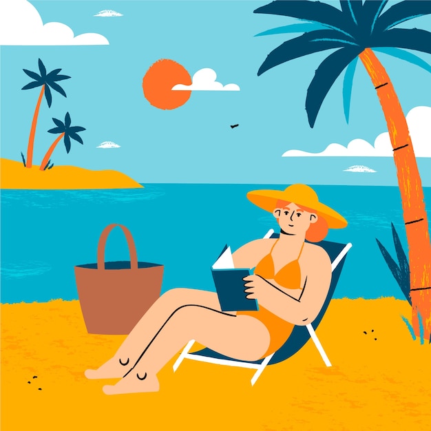 Ilustración plana de libros de lectura de verano con mujer en silla de playa