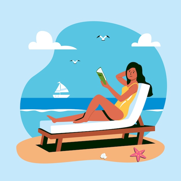 Ilustración plana de libros de lectura de verano con mujer en silla de playa