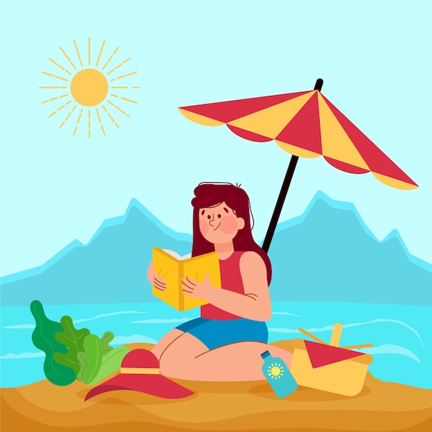 Vector gratuito ilustración plana de libros de lectura de verano con sombrilla de playa