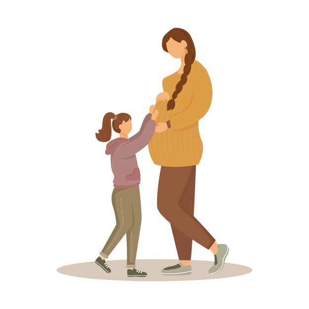 Ilustracion Plana De Mujer Embarazada Y Su Hija Preparacion De Maternidad Feliz Espera De Bebe Nina Acariciando A Las Madres Embarazadas Panza Personajes De Dibujos Animados Aislados Sobre Fondo Blanco Vector