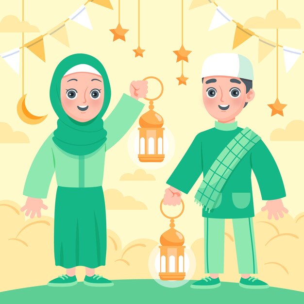 Ilustración plana de niños de ramadán
