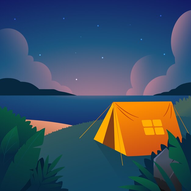 Ilustración plana de noche de verano con carpa en la playa